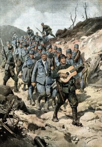 Een gelukkige held. Na het vangen van veertig Oostenrijkers en een gitaar in een grot, marcheerde soldaat Buoncompagni aan het hoofd van de groep gevangenen zingend. Ill. de Beltrame. La Domenica del Corriere. 10/1917 door Achille Beltrame