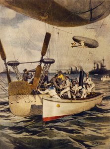 Luchtschepen bevoorraden slagschepen tijdens hun reis (illustratie) door Achille Beltrame