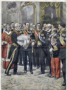Alfonso XIII (1886-1941), Koning van Spanje bij de ceremonie van de presentatie van zijn zoon Alfonso (1907-1938), Graaf van Covadonga, Prins van Asturië. Tekening door Achille Beltrame. uit 1907. door Achille Beltrame