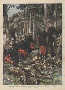 Alfonso XIII op jacht met een bataljon soldaten uit Madrid in het koninklijke bos van Rio Frio in La Granja
