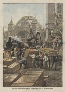 Aan de vooravond van de opening van de internationale tentoonstelling van Milaan, het lossen van de voorwerpen