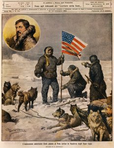 Amerikaanse ontdekkingsreiziger Cook plant de Amerikaanse vlag op de Noordpool, illustratie door Achille Beltrame, uit La Domenica del Corriere, 12 september