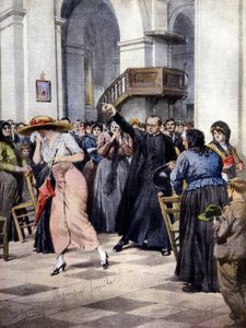 Een voorbeeld van religieus moralisme: een jonge vrouw wordt door een priester en de gelovigen uit de kerk gezet omdat ze lichte kleding draagt. Ill. van A. Beltrame. 