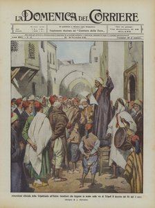 Officiële annexatie van Tripolitanië aan Italië, herauten die in het Arabisch voorlezen in de straten