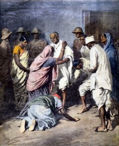 Arrestatie van Mahatma Gandhi (1869 - 1948). Ill. door Achille Beltrame. La Domenica del Corriere. 1932 door Achille Beltrame