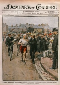 Aankomst van Dorando Pietri in marathon, Olympische Spelen van Londen, illustratie door Achille Beltrame uit La Domenica del Corriere, 2-9 augustus door Achille Beltrame