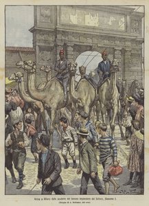 Aankomst in Milaan van de stallen van de beroemde keizer van de Sahara, Giacomo I door Achille Beltrame