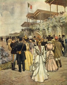 Bij de paardenraces in San Siro (Milaan), door Achille Beltrame (1871-1945), uit La Domenica del Corriere, 4 juni 1899 door Achille Beltrame