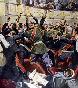 Aanslag op de Russische minister Stolypin in het gemeentelijk theater van Kiev. Illustratie van Beltrame