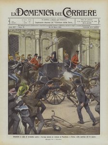 Aanslag met revolverschoten op de vorsten op weg naar het Pantheon, in Rome, op de ochtend van 14 maart door Achille Beltrame