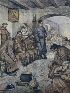 BELTRAME, Achilles (1871-1945). Russische gevangenen in hongerstaking voor de vrijheid van hun tuberculeuze medegevangenen. Illustratie door A. Beltrame, La Domenica del Corriere, 19 juni door Achille Beltrame
