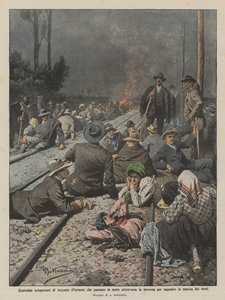 Stakende boeren van Argenta (Ferrara) die de nacht doorbrengen op het spoor door Achille Beltrame