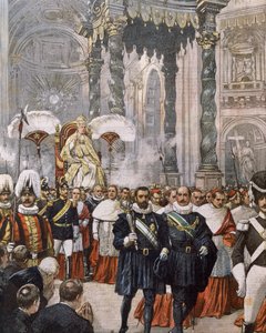 Kroning van paus Pius X in de Sint-Pietersbasiliek, Vaticaan, illustratie door Achille Beltrame uit La Domenica del Corriere