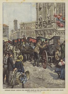 Volksgebruiken, de markt van de orgeltjes naast de kathedraal op de laatste dag van Carnovalone, in Milaan