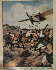Omslagillustratie van Kapitein Moizo die een noodlanding probeert tijdens de Afrikaanse campagne, door Achille Beltrame, uit La Domenica del Corriere, 22 september 1912 door Achille Beltrame