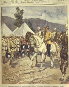 Omslagillustratie van Generaal Cronje die zich overgeeft aan Maarschalk Roberts tijdens de Anglo-Zulu en Anglo-Boerenoorlogen van 1850-1902 door Achille Beltrame