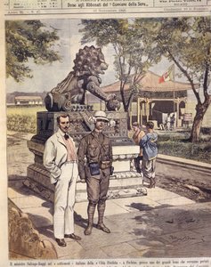 Omslagillustratie van toeristen in de Verboden Stad; Peking, China door Achille Beltrame