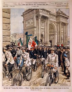 Fietsers paraderen bij Boog van Vrede, Italiaanse Touring Club viering in Milaan, Italië, illustratie door Achille Beltrame uit La Domenica del Corriere, 4 juni door Achille Beltrame