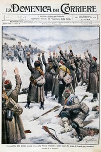 Nederlaag van het tiende Russische leger in Oost-Pruisen: Russische soldaten steken hun armen op in overgave, plaat door Achille Beltrame (1871-1945) uit La Domenica del Corriere, 28 februari-7 maart 1915
