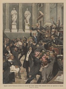 Tsjechische afgevaardigden in het Oostenrijkse parlement die hun toevlucht nemen tot trompetten, trommels, fluitjes, bellen door Achille Beltrame