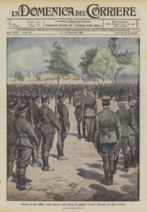 Voor zijn soldaten die speciaal uit de loopgraven kwamen, wordt generaal Tettoni gedecoreerd door de hertog van Aosta