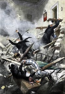 Ramp in een gebouw in Genua: goede zusters verdwenen bij de instorting van twee appartementen. Ill. de Beltrame. "La Domenica del Corriere". 04/1914.