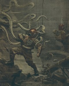 Duiker aangevallen door reuzenoctopus tijdens duik, door Achille Beltrame, illustratie, Illustrator Achille Beltrame (1871-1945), uit La Domenica del Corriere, 25 oktober 1908 door Achille Beltrame