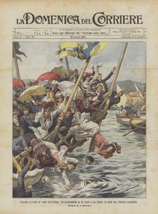 Tijdens de zwemwedstrijden in La Spezia, het instorten van een tribune en de val van het publiek in zee door Achille Beltrame