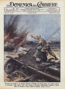 Tijdens een aanval op een fort voor Tobruk, een van onze soldaten, om beter te kunnen raken