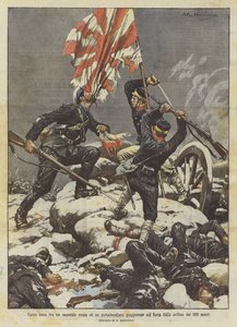 Epische strijd tussen een Russische korporaal en een Japanse vaandeldrager op het fort van de 203 meter hoge heuvel door Achille Beltrame