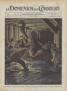 Moderne helden, ingenieur Binder die de overstroomde mijn van Brux (Bohemen) verlicht, de arbeiders redt en voor hen sterft