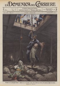 Heldendom op een Italiaanse stoomboot, kapitein laat zich in een besmet ruim zakken om twee mensen te redden door Achille Beltrame