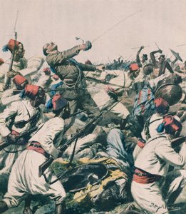 Ethiopische aanval op Lugh garnizoen en moord op Kapitein Bongiovanni, door Achille Beltrame, illustratie, Achille Beltrame (1871-1945), uit La Domenica del Corriere door Achille Beltrame