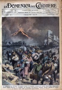 Exodus van de bevolking van El Salvador na de aardbeving en uitbarstingen van de Santa Rita vulkaan. Illustratie van Achille Beltrame in 