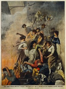 Brand in grote Amerikaanse textielfabriek: arbeiders op trap, illustratie door Achille Beltrame, uit La Domenica del Corriere, 10 augustus door Achille Beltrame