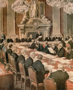 Franse president Georges Clemenceau spreekt op de Vredesconferentie van Parijs, door Achille Beltrame, illustratie
