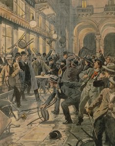 Algemene staking van arbeiders in Milaan, rellen in Galleria Vittorio Emanuele II, door Achille Beltrame, illustratie, Illustrator Achille Beltrame (1871-1945), uit La Domenica del Corriere