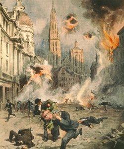 Duitsers bombarderen en bezetten Antwerpen, illustratie uit La Domenica del Corriere door Achille Beltrame
