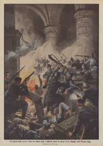 Oorlogsepisodes, gevecht tussen Belgische en Duitse soldaten in de kerk van een dorp in Belgisch Vlaanderen