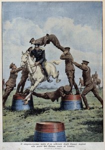 Paardenspringen: Engelse Huzaren bij de Londense Toernooiproeven - tekening van A. Beltrame, in 