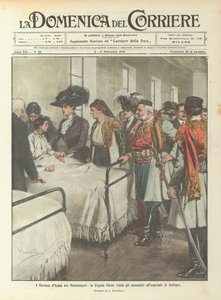 De vorsten van Italië in Montenegro, koningin Elena bezoekt de zieken in het ziekenhuis van Cetinje