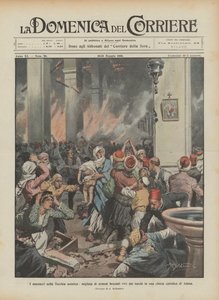 De massamoorden in Aziatisch Turkije, duizenden Armeniërs levend verbrand door de Turken in een katholieke kerk in Adana door Achille Beltrame