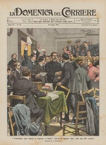 De Russische revolutionairen verzameld op een congres in Londen, de aankomst van Maxim Gorki in de vergaderzaal