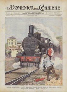 De spoorwegwachter Garella in de daad van het omleiden van een trein nabij het station van Pontedecimo, waardoor...