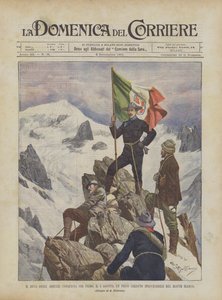 De hertog van de Abruzzen beklimt als eerste, op 5 augustus, een voorheen ontoegankelijke piek van de Mont Blanc door Achille Beltrame