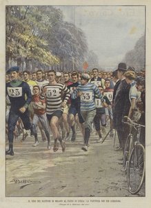 De rondgang van de vestingwerken van Milaan in looppas, het vertrek van de 160 hardlopers