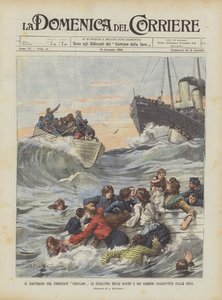 Het schipbreuk van de stoomboot Ckallam, de reddingsboten van vrouwen en kinderen opgeslokt door de golven door Achille Beltrame