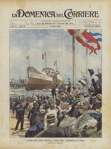 De tewaterlating van het nieuwe slagschip Regina Elena in de werf van Spezia
