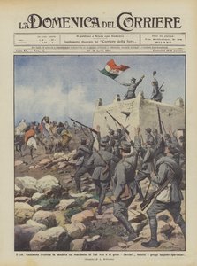 De Col Maddalena zwaait met de vlag op de maraboet van Sidi Aziz en roept Savoia!