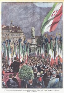 De bijeenkomst van de strijders, in aanwezigheid van de Prins van Udine, op het grote plein van Bolzano